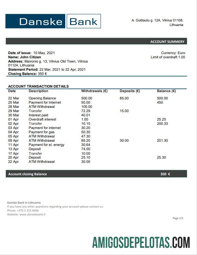 Lituânia (Litva) Modelo de extrato bancário Danske